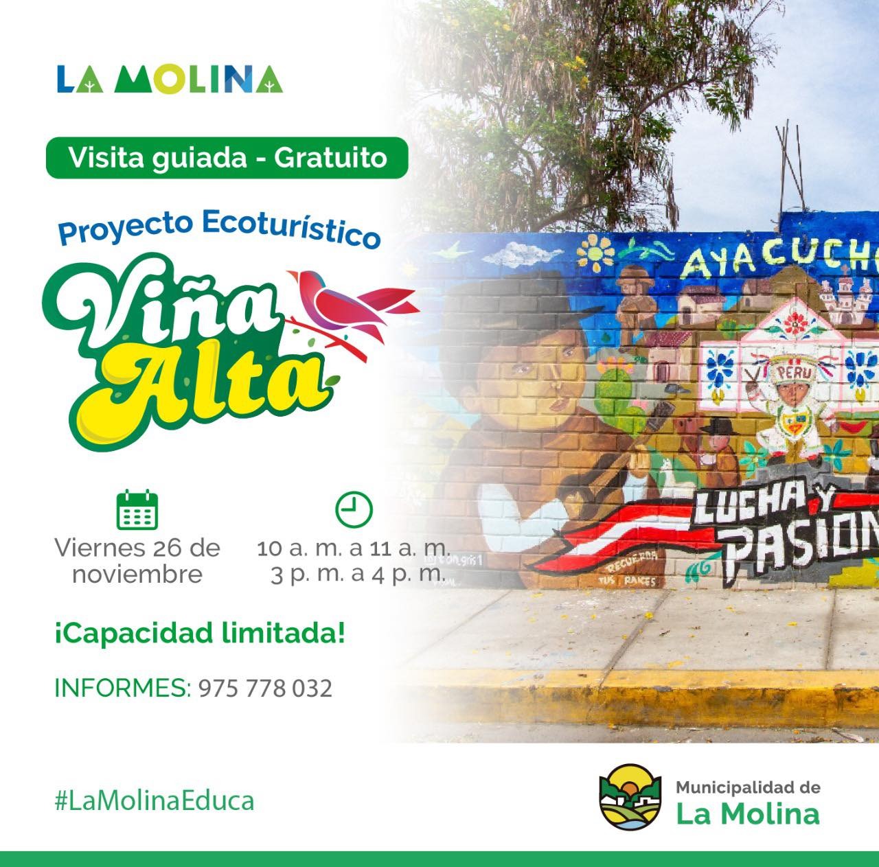 PROYECTO ECOTURÍSTICO VIÑA ALTA  Visita guiada al Proyecto Ecoturístico Viña Alta, donde apreciaremos hermosos murales artísticos que retratan la tradición y logros de nuestra comuna.
